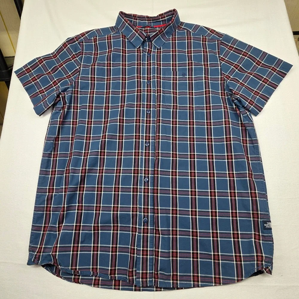 The‎ North Face Button Down Shirt Mens XL Blue Red Plaid Short Sleeve Cotton